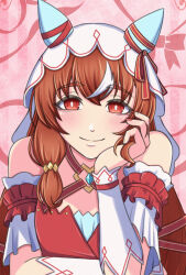 Rule 34 | 1girl, absurdres, animal ears, blush, breasts, brown hair, commentary request, detached sleeves, fingernails, hair between eyes, hair ornament, hand on own face, highres, horse ears, horse girl, mia-miage1205, pink background, red eyes, simple background, small breasts, smile, solo, still in love (umamusume), umamusume, veil