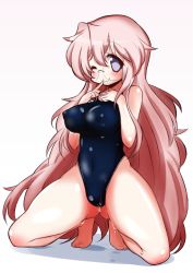 Rule 34 | 00s, 1girl, ;), bad id, bad pixiv id, blush, breasts, covered erect nipples, glasses, gradient background, highleg, highleg swimsuit, highres, long hair, lucky star, mizushima (p201112), one-piece swimsuit, one eye closed, pink hair, purple eyes, smile, solo, squatting, swimsuit, takara miyuki, very long hair, wet
