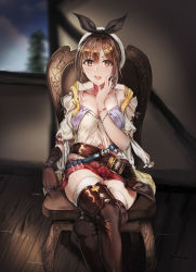 Rule 34 | 1girl, atelier (series), atelier ryza, atelier ryza 1, belt, blue belt, blurry, blurry background, boots, bridal legwear, brown belt, brown eyes, brown gloves, brown hair, chair, chinese commentary, commentary request, gloves, hair ornament, hairclip, highres, jacket, jewelry, jim dez, leather, leather belt, leather gloves, necklace, pouch, red shorts, reisalin stout, short hair, short shorts, shorts, single glove, sitting, sleeveless, sleeveless jacket, star (symbol), star necklace, thigh pouch, thighhighs, thighhighs under boots, thighs, toeless footwear, vial, wall, white headwear, window, wooden floor, yellow jacket