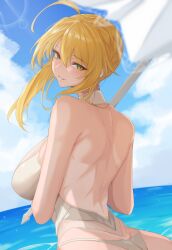 Rule 34 | 1girl, absurdres, ahoge, artoria pendragon (all), artoria pendragon (fate), artoria pendragon (swimsuit ruler) (fate), artoria pendragon (swimsuit ruler) (second ascension) (fate), back, bare shoulders, blue sky, blush, braid, breasts, fate/grand order, fate (series), french braid, highres, large breasts, long hair, looking at viewer, looking back, one-piece swimsuit, parasol, sidelocks, sky, smile, solo, swimsuit, umbrella, vanko (vank0a), white one-piece swimsuit