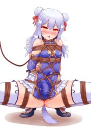 Rule 34 | 1boy, bdsm, blue footwear, blue hair, blush, bondage, bound, bow, braid, braided bun, bulge, china dress, chinese clothes, crossdressing, crying, dog tail, double bun, dress, erection, erection under clothes, flats, footwear bow, full body, hair bun, highres, inuyama tamaki, light blue hair, lilish, looking at viewer, male focus, noripro, open mouth, penis, restrained, shoes, simple background, socks, solo, squatting, tail, trap, virtual youtuber, white background, white socks