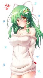 Rule 34 | 1girl, arms behind back, bare shoulders, blush, box, breasts, cleavage, collarbone, frog hair ornament, gift, gift box, green hair, hair between eyes, hair ornament, hair ribbon, heart, highres, holding, holding box, kochiya sanae, large breasts, long hair, looking at viewer, no pants, off-shoulder, off-shoulder sweater, off shoulder, osashin (osada), ribbed sweater, ribbon, simple background, snake hair ornament, snowflakes, solo, sweater, touhou, white background, white ribbon, white sweater, yellow eyes