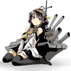 Rule 34 | 10s, 1girl, bare shoulders, black thighhighs, blush, boots, breasts, brown hair, cannon, detached sleeves, double bun, hair bun, hair ornament, hairband, headgear, imasara404ter, japanese clothes, kantai collection, kongou (kancolle), long hair, lowres, miko, personification, purple eyes, skirt, solo, thigh boots, thighhighs, turret