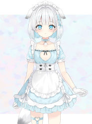 Rule 34 | 1girl, animal ears, apron, blue dress, blue eyes, blue hair, blue ribbon, blush, closed mouth, commentary request, copyright request, dog ears, dog girl, dog tail, dress, frilled apron, frills, gloves, hair intakes, hair ribbon, heart o-ring, highres, looking at viewer, multicolored hair, puffy short sleeves, puffy sleeves, ribbon, saeki sora, short sleeves, solo, standing, tail, two-tone hair, virtual youtuber, white apron, white gloves, white hair