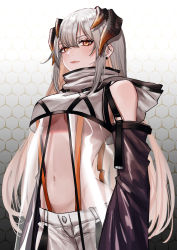 Rule 34 | 1girl, adapted costume, arknights, bare shoulders, blush, breasts, commentary, cowboy shot, earrings, expulse, gradient background, grey background, hair between eyes, high collar, highres, horns, jewelry, long hair, long sleeves, looking at viewer, medium breasts, navel, pants, saria (arknights), see-through, sidelocks, silver hair, solo, stomach, very long hair, white pants, yellow eyes