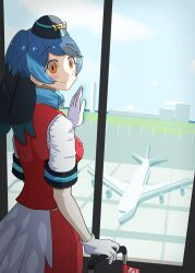 Rule 34 | 1girl, absurdres, aircraft, airplane, airport, bird girl, bird wings, black hair, blue hair, blue hat, blue scarf, blush, commentary request, garrison cap, gloves, hat, head wings, highres, kemono friends, long hair, looking at viewer, multicolored hair, ookii yama, orange eyes, passenger pigeon (kemono friends), pencil skirt, red skirt, red vest, scarf, shirt, short sleeves, skirt, smile, solo, t-shirt, vest, white gloves, white shirt, wings
