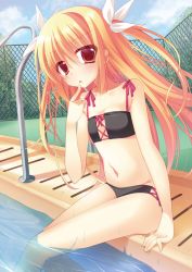 Rule 34 | 1girl, :o, arm support, bad proportions, bikini, black bikini, blonde hair, blush, long hair, looking at viewer, nakada rumi, original, partially submerged, pool, poolside, red eyes, sitting, solo, swimsuit, twintails, water