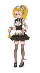 Rule 34 | 1girl, amphibia, apron, bell, blonde hair, female focus, full body, high heels, highres, looking at viewer, maid, maid headdress, mole, mole under eye, ponytail, ribbon, sasha waybright, simple background, skirt, solo, thighhighs