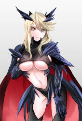 Rule 34 | 1girl, armor, armored dress, artoria pendragon (fate), artoria pendragon (lancer alter) (fate), blonde hair, breasts, cape, cleavage, commentary request, cowboy shot, daijoubu? oppai momu?, fate/grand order, fate (series), gauntlets, grabbing own breast, horns, large breasts, looking at viewer, navel, omizu (omz), pauldrons, short hair, shoulder armor, sideboob, solo, swept bangs, underboob, yellow eyes