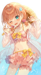 Rule 34 | 1girl, ;d, absurdres, aqua eyes, bikini, bikini skirt, blush, bow, bow bikini, breasts, cowboy shot, crossed bangs, floral print, frilled bikini, frills, hair ornament, hands up, hat, hibiscus print, highres, hinoshita kaho, jacket, link! like! love live!, long sleeves, looking at viewer, love live!, low twintails, medium breasts, medium hair, navel, off shoulder, one eye closed, open clothes, open jacket, open mouth, orange hair, pink bikini, print bikini, rabbit hair ornament, see-through, see-through jacket, shimada (smd dms), smile, solo, splash!!!! (love live!), stomach, straw hat, swimsuit, twintails, two side up, virtual youtuber, yellow bow