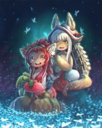 Rule 34 | 2girls, animal ears, blush, breasts, cleavage, eyebrows, flower, furry, highres, isakhaya, long hair, looking at another, made in abyss, medium breasts, mitty (made in abyss), mitty (made in abyss) (furry), multiple girls, nanachi (made in abyss), open mouth, red eyes, red hair, sitting, smile, teeth, white hair, yellow eyes