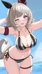 Rule 34 | 1girl, animal ears, bikini, blurry, blurry background, blush, breasts, character request, cleavage, collarbone, commentary request, curren chan (umamusume), grey hair, highres, kibihimi, large breasts, navel, one eye closed, open mouth, sky, solo, swimsuit, tail, umamusume, wet