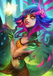 Rule 34 | 1girl, absurdres, blue hair, breasts, bug, butterfly, commentary, english commentary, fingernails, flower, hair flower, hair ornament, highres, bug, jewelry, league of legends, reptile girl, lizard tail, loincloth, medium hair, midriff, monori rogue, monster girl, multicolored hair, nail polish, navel, neeko (league of legends), nose, one eye closed, pendant, pink lips, pink nails, purple hair, sharp fingernails, small breasts, solo, tail, yellow eyes