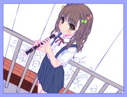 Rule 34 | 1girl, aoi kumiko, blush, brown eyes, brown hair, flat chest, flute, hair ornament, hair ribbon, holding flute, holding instrument, instrument, long hair, looking at viewer, original, pleated skirt, recorder, ribbon, school uniform, shirt, short sleeves, sketch, skirt, smile, solo, suspenders, two side up, white shirt