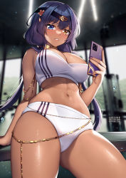 Rule 34 | 1girl, abs, alternate costume, black hairband, blue eyes, blue hair, blush, breasts, buruma, candace (genshin impact), cellphone, cleavage, commentary, cowboy shot, crop top, dark-skinned female, dark skin, genshin impact, hairband, heterochromia, highres, holding, holding phone, jewelry, large breasts, long hair, looking at viewer, midriff, navel, neck ring, parted lips, phone, smartphone, solo, sports bra, squchan, stomach, sweat, thick thighs, thighs, track uniform, white buruma, yellow eyes