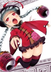 Rule 34 | 1girl, blush, braid, grey hair, hat, highres, jiangshi, long hair, long sleeves, nishiide kengorou, ofuda, open mouth, orb, original, outstretched arms, qingdai guanmao, red eyes, skirt, solo, thighhighs, traditional clothes, twin braids, zombie pose