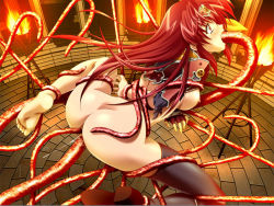 Rule 34 | 1girl, anal, arms behind back, artist request, ass, barefoot, blush, bottomless, feet, forced, game cg, ikazuchi no senshi raidy, nipples, nude, oral, raidy, rape, red eyes, red hair, restrained, soles, spread legs, tentacle sex, tentacles, toes