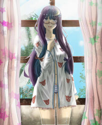 Rule 34 | 1girl, ahoge, bespectacled, blush, crescent, curtains, glasses, hair ornament, hair ribbon, hairclip, kakekcaboel, long hair, navel, nightgown, open mouth, panties, patchouli knowledge, purple hair, ribbon, smile, solo, striped clothes, striped panties, touhou, tress ribbon, underwear, very long hair, window