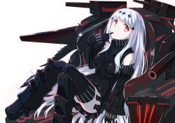 Rule 34 | 10s, 1girl, :o, abyssal ship, aircraft carrier water oni, armor, armored boots, black footwear, boots, breasts, colored skin, detached sleeves, dress, finger to mouth, gotyou, hair ornament, high heel boots, high heels, kantai collection, knee boots, large breasts, long hair, machinery, red eyes, ribbed dress, ribbed sweater, sailor dress, short dress, simple background, sleeveless, sleeveless turtleneck, solo, sweater, sweater dress, thighhighs, turtleneck, very long hair, white background, white hair, white skin, zet, zettai ryouiki