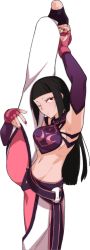 Rule 34 | 1girl, artist request, black hair, han juri, hands on feet, highres, looking at viewer, red eyes, simple background, solo, street fighter, stretching