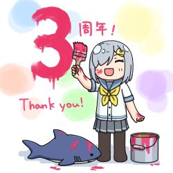 Rule 34 | 1girl, black pantyhose, closed eyes, commentary request, facing viewer, grey hair, grey sailor collar, grey skirt, hair ornament, hair over one eye, hairclip, hama! (3toshinhmkz), hamakaze (kancolle), holding, holding paintbrush, kantai collection, neckerchief, no nose, paint, paint can, paint on body, paint splatter, paint splatter on face, paint stains, paintbrush, pantyhose, pleated skirt, sailor collar, school uniform, serafuku, short hair, skirt, smile, solo, standing, stuffed animal, stuffed shark, stuffed toy, white background, yellow neckerchief