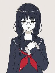Rule 34 | 1girl, :d, amemori sayo, arm at side, black eyes, black hair, black sailor collar, black shirt, book, braid, glasses, hair over shoulder, hand on own chest, highres, holding, holding book, long hair, long sleeves, looking at viewer, low twin braids, neckerchief, nijisanji, nkymyura, open mouth, red neckerchief, sailor collar, semi-rimless eyewear, shirt, simple background, smile, solo, straight-on, twin braids, upper body, virtual youtuber, white background