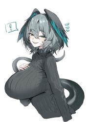 Rule 34 | !, 1girl, alternate costume, aqua eyes, arknights, black sweater, blush, breasts, commentary request, from side, grey hair, hair between eyes, head wings, highres, ho&#039;olheyak (arknights), horn/wood, large breasts, long sleeves, looking at viewer, open mouth, short hair, simple background, smile, snake tail, solo, spoken exclamation mark, sweater, tail, turtleneck, turtleneck sweater, upper body, white background, wings