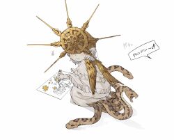 Rule 34 | 1boy, absurdres, aged down, animal, armor, blush, child&#039;s drawing, dark souls (series), dark souls i, dark sun gwyndolin, drawing, dress, facing to the side, frown, gold armor, gold headwear, grey dress, helmet, highres, holding, holding pen, kneeling, layered dress, male focus, paper, pen, short hair, simple background, snake, solo, speech bubble, translation request, trap, white background, zunkome