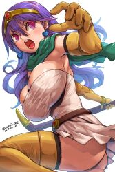 Rule 34 | 1girl, amania orz, armpits, ass, belt, breasts, character request, cleavage, cowboy shot, dated, dragon quest, dress, earrings, hair between eyes, highres, jewelry, large breasts, long hair, purple eyes, purple hair, simple background, skindentation, slime (dragon quest), solo, strapless, strapless dress, thighhighs, tiara, twitter username, white background, white dress, yellow thighhighs