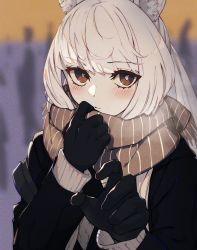 Rule 34 | 1girl, alternate costume, animal ear fluff, animal ears, arknights, black coat, black gloves, blurry, blurry background, blush, breath, bright pupils, brown eyes, brown scarf, coat, depth of field, enpera, gloves, hands up, highres, horse ears, karasuri, long hair, looking at viewer, platinum (arknights), scarf, silhouette, silver hair, solo focus, striped clothes, striped scarf