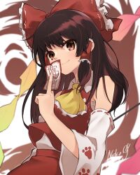 Rule 34 | 1girl, ascot, bare shoulders, black hair, bow, brown eyes, closed mouth, detached sleeves, hair bow, hair tubes, hakurei reimu, highres, japanese clothes, light smile, long hair, nontraditional miko, ofuda, red bow, red skirt, sidelocks, signature, skirt, solo, take no ko (4919400), touhou, unfinished dream of all living ghost, upper body, white sleeves, wide sleeves, yellow ascot