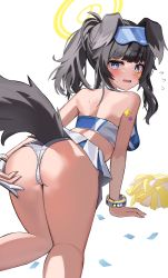 Rule 34 | 1girl, absurdres, all fours, animal ears, ass, back, bare legs, bare shoulders, black hair, blue archive, blush, breasts, bright pupils, cheerleader, confetti, dog ears, eyewear on head, fang, from behind, grey eyes, halo, hibiki (blue archive), hibiki (cheer squad) (blue archive), highres, iv (iv70311741), long hair, looking at viewer, looking back, medium breasts, millennium cheerleader outfit (blue archive), miniskirt, panties, pom pom (cheerleading), simple background, skirt, solo, sticker on arm, sticker on face, sweat, tail, underwear, white background, white panties, white skirt
