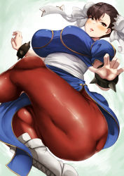 Rule 34 | 1girl, ass, blue dress, blush, boots, bracelet, breasts, brown eyes, brown hair, brown pantyhose, bun cover, capcom, china dress, chinese clothes, chun-li, cross-laced footwear, double bun, dress, eyeshadow, hair bun, hip focus, huge ass, jewelry, kuchibue (tanima club), lace-up boots, large breasts, legs, makeup, pantyhose, pelvic curtain, puffy short sleeves, puffy sleeves, sash, short sleeves, solo, spiked bracelet, spikes, street fighter, thick thighs, thighs, white footwear, wide hips