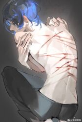Rule 34 | 1boy, black background, black pants, blue hair, eyelashes, feet out of frame, fingernails, from behind, grey eyes, gslkey, hands on own shoulders, highres, injury, kitagawa yuusuke, leather, leather pants, looking ahead, male focus, pants, persona, persona 5, self hug, short hair, simple background, solo, squatting, topless male, weibo watermark