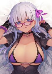 Rule 34 | 1girl, bb (bb shot!) (fate), bb (fate), bb (fate) (all), bb (swimsuit mooncancer) (fate), bb (swimsuit mooncancer) (second ascension) (fate), bikini, black dress, black gloves, blush, breasts, breasts out, choker, collarbone, dark-skinned female, dark skin, dress, earrings, fate/grand order, fate (series), fingerless gloves, glasses, gloves, hair ribbon, jewelry, large breasts, licking lips, long hair, looking at viewer, lying, on back, open clothes, open dress, pink ribbon, purple bikini, purple eyes, purple hair, ribbon, short sleeves, smile, swimsuit, tongue, tongue out, very long hair, vivi (eve no hakoniwa)