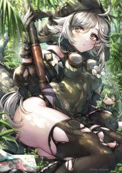 Rule 34 | 1girl, ahoge, arknights, black gloves, black thighhighs, breasts, character doll, commentary request, crocodilian tail, feet out of frame, gavial (arknights), gloves, goggles, goggles around neck, grey eyes, hand up, highres, hood, long hair, looking at viewer, nyamaso, partial commentary, silver hair, sitting, small breasts, solo, tail, thighhighs, thighs, tomimi (arknights), torn clothes, torn thighhighs