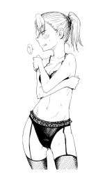 Rule 34 | 10s, 1girl, black bra, blush, bra, breasts, cleavage, contrapposto, covering privates, covering chest, embarrassed, garter belt, garter straps, greyscale, holding shoulder, jericho (nanatsu no taizai), lace, lace-trimmed bra, lace-trimmed garter belt, lace trim, lingerie, looking to the side, monochrome, nanatsu no taizai, navel, ponytail, simple background, solo, standing, sweat, thighhighs, toruneko, underwear, underwear only, white background