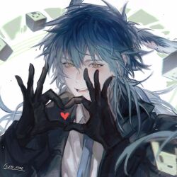 Rule 34 | 1boy, black gloves, black hoodie, blue hair, blue necktie, blush, collared shirt, dramatical murder, gloves, green background, grey background, heart, heart hands, highres, hood, hood down, hoodie, long hair, looking at viewer, male focus, multicolored background, necktie, open mouth, orange eyes, seragaki aoba, shinome (xm nome), shirt, smile, solo, teeth, twitter username, white shirt