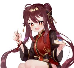 Rule 34 | 1girl, :d, ahoge, alternate hairstyle, bowl, brown hair, chinese clothes, commentary request, double bun, genshin impact, hair between eyes, hair bun, highres, holding, holding plate, holding spoon, hu tao (genshin impact), hu tao (sweets paradise) (genshin impact), long hair, long sleeves, looking at viewer, miyako draw, official alternate costume, open mouth, plate, red eyes, sidelocks, simple background, sitting, smile, solo, spoon, vision (genshin impact), white background