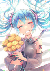 Rule 34 | 1girl, absurdres, blue hair, bouquet, closed eyes, collared shirt, commentary, detached sleeves, facing viewer, floating hair, flower, grey necktie, grey shirt, grey sleeves, grin, hatsune miku, highres, holding, holding bouquet, kiiro (cocoa080), long hair, long sleeves, necktie, shirt, shoulder tattoo, sleeveless, sleeveless shirt, smile, solo, tattoo, twintails, upper body, very long hair, vocaloid, white background, wing collar, yellow flower
