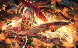 Rule 34 | 1girl, absurdres, autumn leaves, back bow, backlighting, blue eyes, blue hair, blue kimono, blurry, blurry background, blush, bow, brown bow, closed mouth, commentary, depth of field, dutch angle, fish, floral print, gradient kimono, hatsune miku, highres, holding, holding umbrella, huge filesize, japanese clothes, junpaku karen, kimono, long hair, looking at viewer, looking to the side, night, night sky, oil-paper umbrella, outdoors, print kimono, red umbrella, sidelocks, sky, smile, solo, transparent, twintails, umbrella, very long hair, vocaloid, white kimono