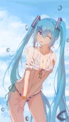 Rule 34 | 1girl, ;q, bikini, black ribbon, blue eyes, blue hair, blue ribbon, blue sky, breasts, bsmycc, cleavage, collarbone, cowboy shot, day, dress shirt, earrings, front-tie bikini top, front-tie top, hair ornament, hands on lap, hatsune miku, highres, jewelry, leaning forward, long hair, medium breasts, one eye closed, open clothes, open shirt, ribbon, scrunchie, shirt, side-tie bikini bottom, sky, sleeves rolled up, solo, standing, striped bikini, striped clothes, swimsuit, tongue, tongue out, twintails, very long hair, vocaloid, wet, wet clothes, wet shirt, white shirt, yellow scrunchie