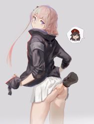 Rule 34 | 1girl, armband, ass, ass grab, beret, clothes lift, commander (girls&#039; frontline), disembodied hand, female commander (girls&#039; frontline), girls&#039; frontline, grey background, had (had314), hat, highres, jacket, long hair, multicolored hair, pink hair, pleated skirt, purple eyes, purple hair, simple background, skirt, skirt lift, solo focus, st ar-15 (girls&#039; frontline), streaked hair, two-tone hair, white skirt