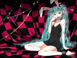 Rule 34 | 1girl, :d, animal ears, ankle cuffs, aqua hair, arm support, bad id, bad pixiv id, barefoot, cable, chain, collarbone, dress, fingernails, hatsune miku, headphones, highres, long hair, nail polish, nanase mizuki, open mouth, rabbit ears, red eyes, scar, sitting, smile, solo, stitches, twintails, very long hair, vocaloid