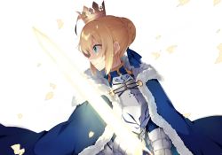 Rule 34 | 1girl, ahoge, armor, armored dress, artoria pendragon (fate), blonde hair, coat, crown, dress, excalibur (fate/stay night), fate/grand order, fate/stay night, fate (series), fighting stance, fur-trimmed coat, fur trim, gauntlets, glint, glowing, glowing sword, glowing weapon, green eyes, hatsuko, holding, holding sword, holding weapon, looking afar, saber (fate), solo, sparkle, sword, weapon