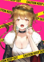 Rule 34 | 1girl, :o, absurdres, animal ears, arknights, black jacket, black nails, breasts, brown eyes, brown hair, candy, caution tape, collar, collarbone, fangs, food, fur collar, glint, hand up, highres, holding, holding candy, holding food, holding lollipop, jacket, large breasts, lion ears, lion tail, lollipop, long hair, looking at viewer, nail polish, open mouth, pink background, puckjjick (belbesi19), shirt, siege (arknights), solo, tail, tail ornament, tail ring, upper body, white shirt
