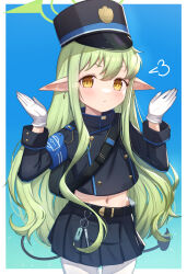Rule 34 | 1girl, belt, black belt, black hat, black jacket, black skirt, black tail, blue archive, blush, buttons, closed mouth, commentary, cowboy shot, demon tail, double-breasted, earrings, gloves, green hair, green halo, halo, hat, hikari (blue archive), highres, jacket, jewelry, long hair, long sleeves, looking at viewer, navel, pantyhose, peaked cap, pleated skirt, pointy ears, sidelocks, single earring, skirt, symbol-only commentary, tail, uneg, white gloves, white pantyhose, yellow eyes