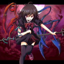 Rule 34 | 1girl, bad id, bad pixiv id, black hair, black thighhighs, female focus, houjuu nue, outdoors, polearm, red eyes, short hair, sky, snake, solo, spear, tamago gohan, thighhighs, touhou, trident, weapon, wings, zettai ryouiki