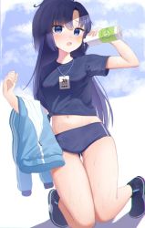 Rule 34 | 1girl, ahoge, black hair, blue archive, blue eyes, bottle, buruma, commentary request, facial tattoo, gym shirt, gym uniform, hair between eyes, highres, holding, holding bottle, id card, jacket, unworn jacket, kneeling, long hair, long sleeves, looking at viewer, midriff, navel, official alternate costume, parted lips, ponytail, shirt, short sleeves, sidelocks, simple background, solo, sweat, takeroku, tattoo, track jacket, wet, wet clothes, wet shirt, yuuka (blue archive), yuuka (track) (blue archive)