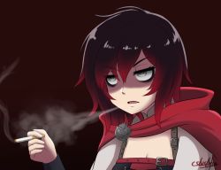 Rule 34 | 1girl, black hair, cape, cigarette, cslucaris, eyebrows, multicolored hair, open mouth, red hair, ruby rose, rwby, short hair, grey eyes, simple background, smoke, smoking, solo, two-tone hair